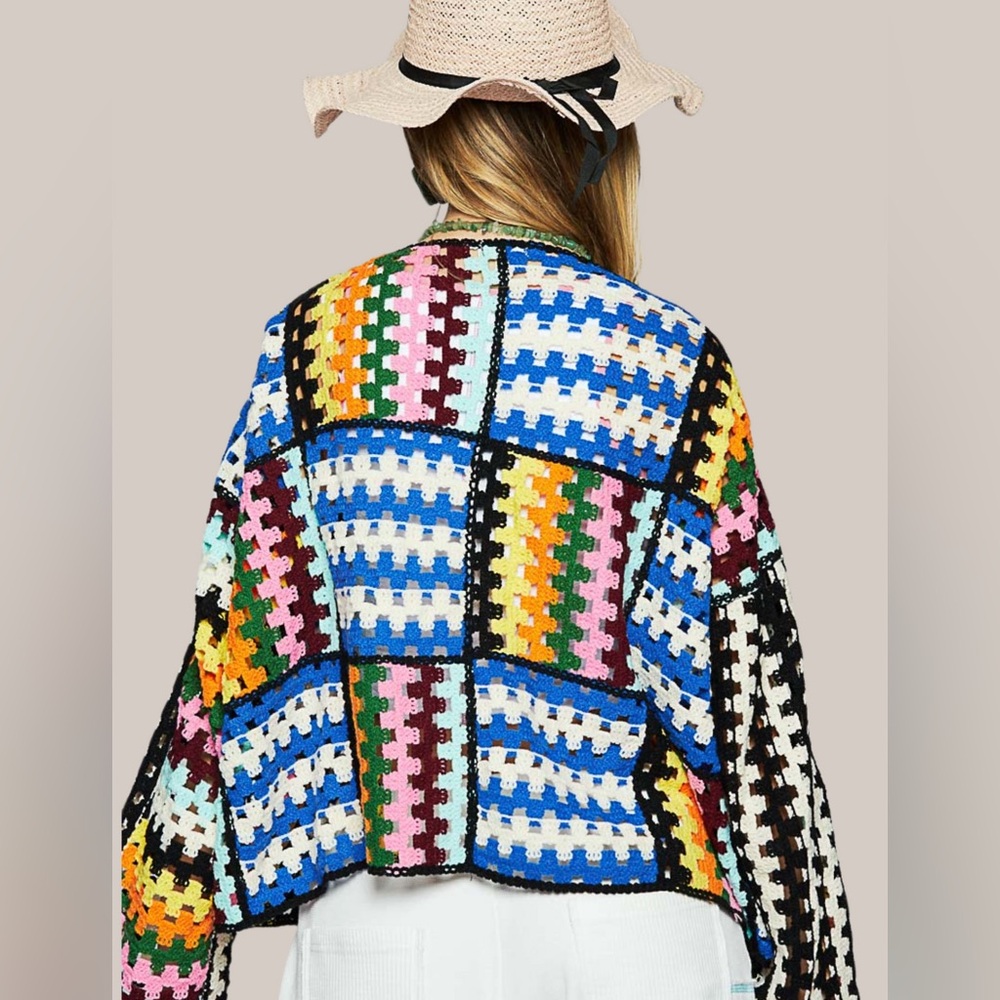 POL Colorful Crocheted Patchwork Open Front Cardigan Sweater Boho Statement - Picture 6 of 9